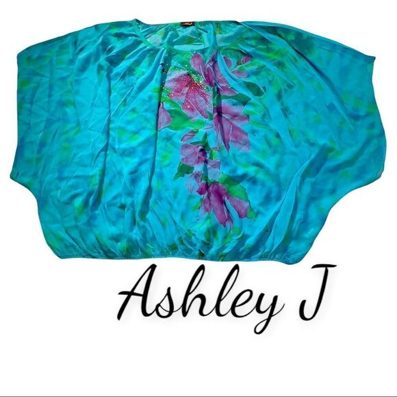 Women's Ashley J Multi-Color SS Top with sheer Embellished Floral Plus Size 3X - Picture 1 of 7